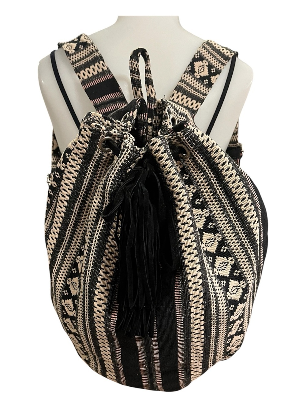 Woven Black & Cream Boho Drawstring Backpack with Leather Tassels